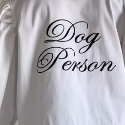STUDIO ARTYSTYCZNEGO KRAWIECTWA I HAFTU ELENA KOLASA - Biała bluzka z długim rękawem, zdobiona falbankami i haftowanym napisem 'Dog Person' na plecach, widok z tyłu.