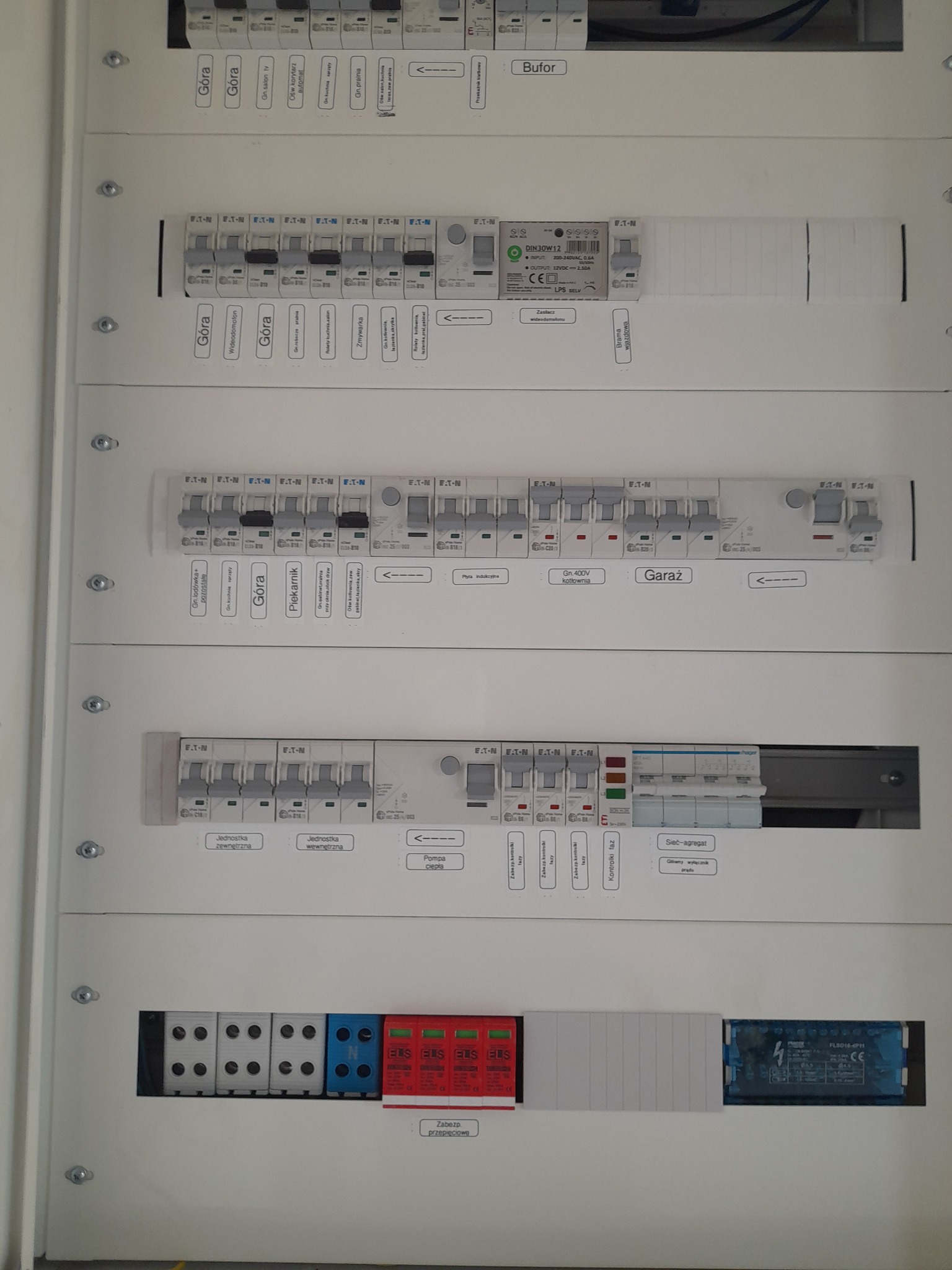 Rozdzielnica elektryczna w białej obudowie z widocznymi bezpiecznikami, wyłącznikami i oznaczeniami obwodów: 'Góra', 'Garaż', 'Piekarnik', 'Pompa ciepła', 'Płyta indukcyjna', 'Jednostka zewnętrzna'...