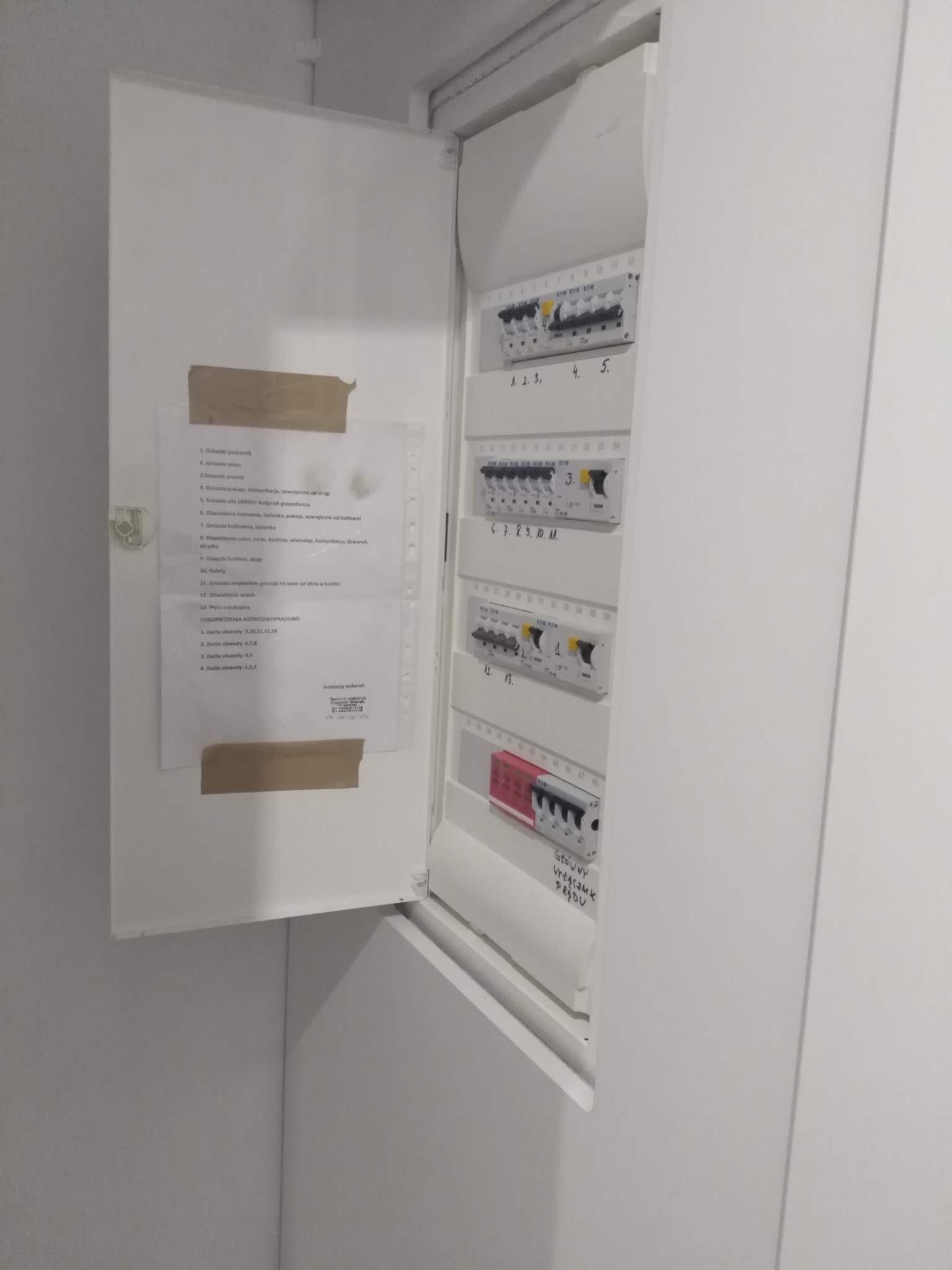 Otwarta skrzynka elektryczna z widocznymi bezpiecznikami i naklejoną kartką z rozpiską obwodów.