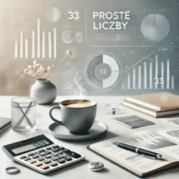 Biurko z kalkulatorem, notatnikiem, długopisem, filiżanką kawy i wazonem na tle graficznych wizualizacji danych.