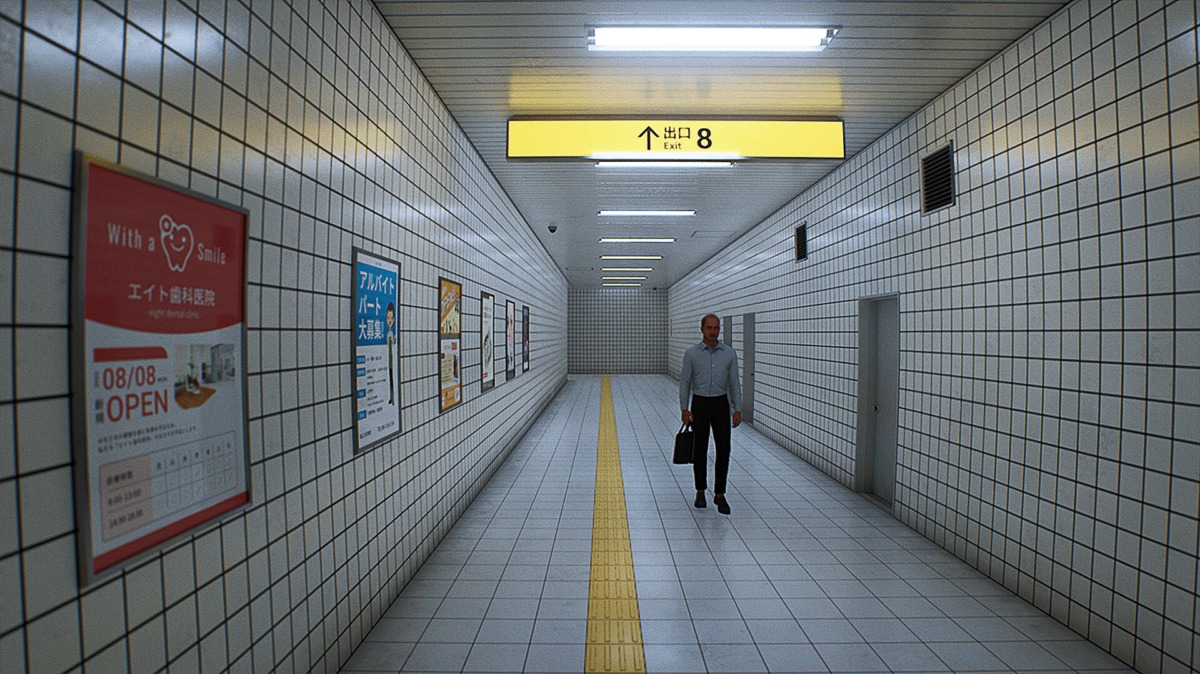 Wnętrze korytarza w stylu japońskim z białymi kafelkami, żółtym pasem prowadzącym i plakatem z informacją o otwarciu kliniki dentystycznej 'With a Smile'.