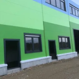 Nowo wybudowana hala z płyt warstwowych w odcieniach niebieskiego i zielonego, z widocznymi oknami i otworami drzwiowymi, teren wokół jeszcze niezagospodarowany.