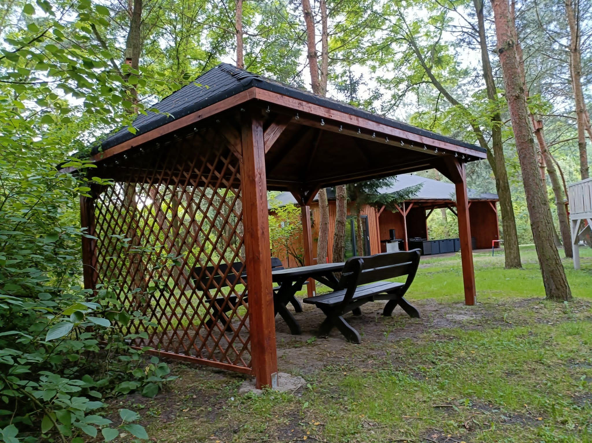 Kwadratowa, drewniana konstrukcja z czarnym dachem, otoczona siatką, z ciemnym stołem i ławkami wewnątrz, na zewnątrz las iglasty i liściasty.