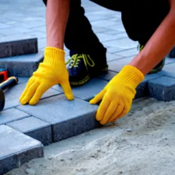 Układanie szarej kostki brukowej na piasku, widoczne żółte rękawice robocze, gumowy młotek i miara zwijana.