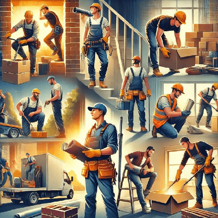 Kolaż przedstawiający różne sceny z pracownikami budowlanymi i remontowymi w trakcie wykonywania różnych zadań, takich jak przenoszenie pudeł, sprawdzanie planów, instalacja rur i inne prace fizyczne.
