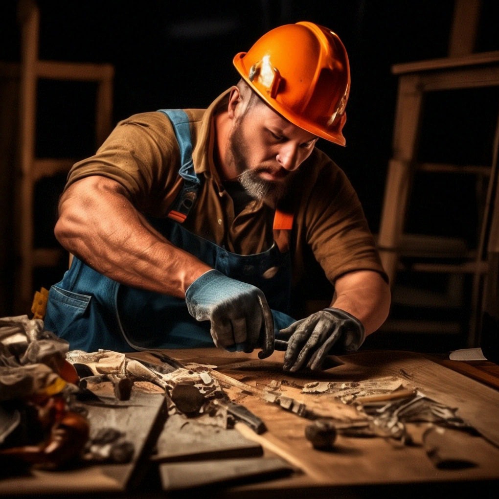 Mężczyzna w pomarańczowym kasku i roboczym kombinezonie, w rękawicach ochronnych, dłutem obrabia drewniany element na stole warsztatowym, w tle widoczne drewniane konstrukcje.