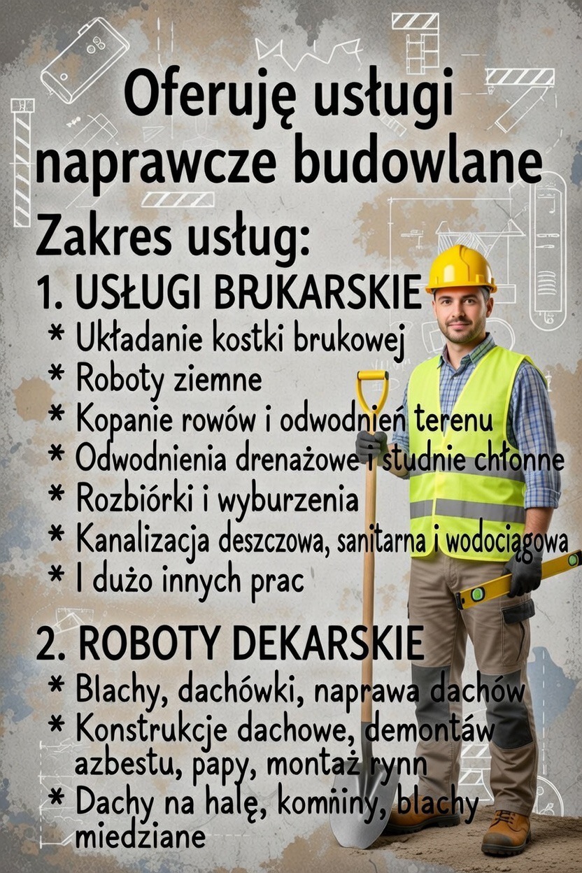 Ogłoszenie usług naprawczych i budowlanych: brukarstwo, roboty ziemne, dekarstwo. Mężczyzna w kasku i kamizelce trzyma łopatę i poziomicę.