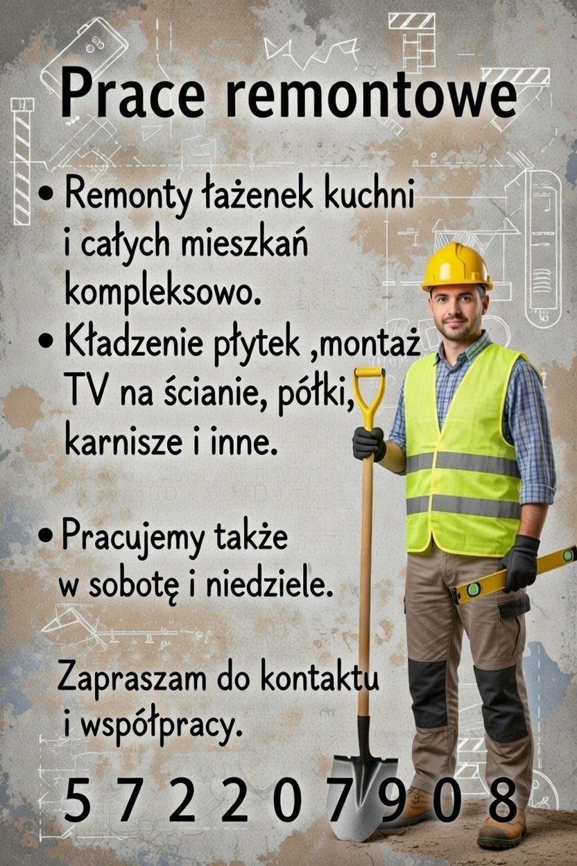 Plakat z ofertą prac remontowych: remonty łazienek, kuchni, mieszkań, kładzenie płytek, montaż TV, półek. Pracownik w kasku i kamizelce trzyma łopatę i poziomicę.