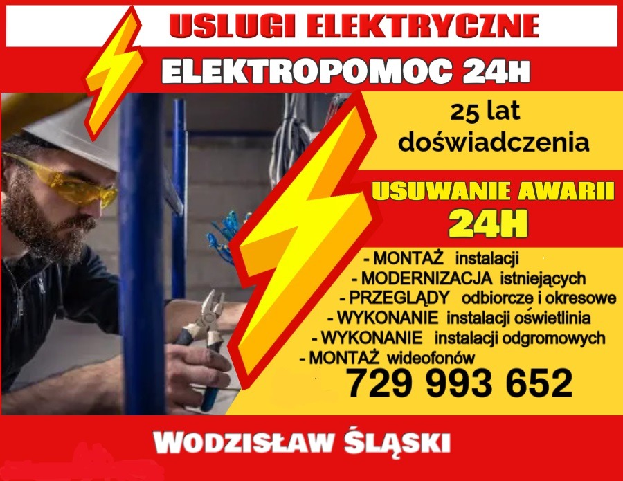 Reklama usług elektrycznych: elektryk w okularach ochronnych i kasku, trzymający szczypce, na tle informacji o elektro-pomocy 24h, montażu i modernizacji instalacji, usuwaniu awarii, przeglądach...