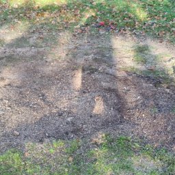 Lidia Derda pielęgnacja ogrodów - Świeżo uprzątnięty teren po wycince drzewa, z widoczną maszyną do frezowania pni i osobą zagarniającą resztki ziemi.