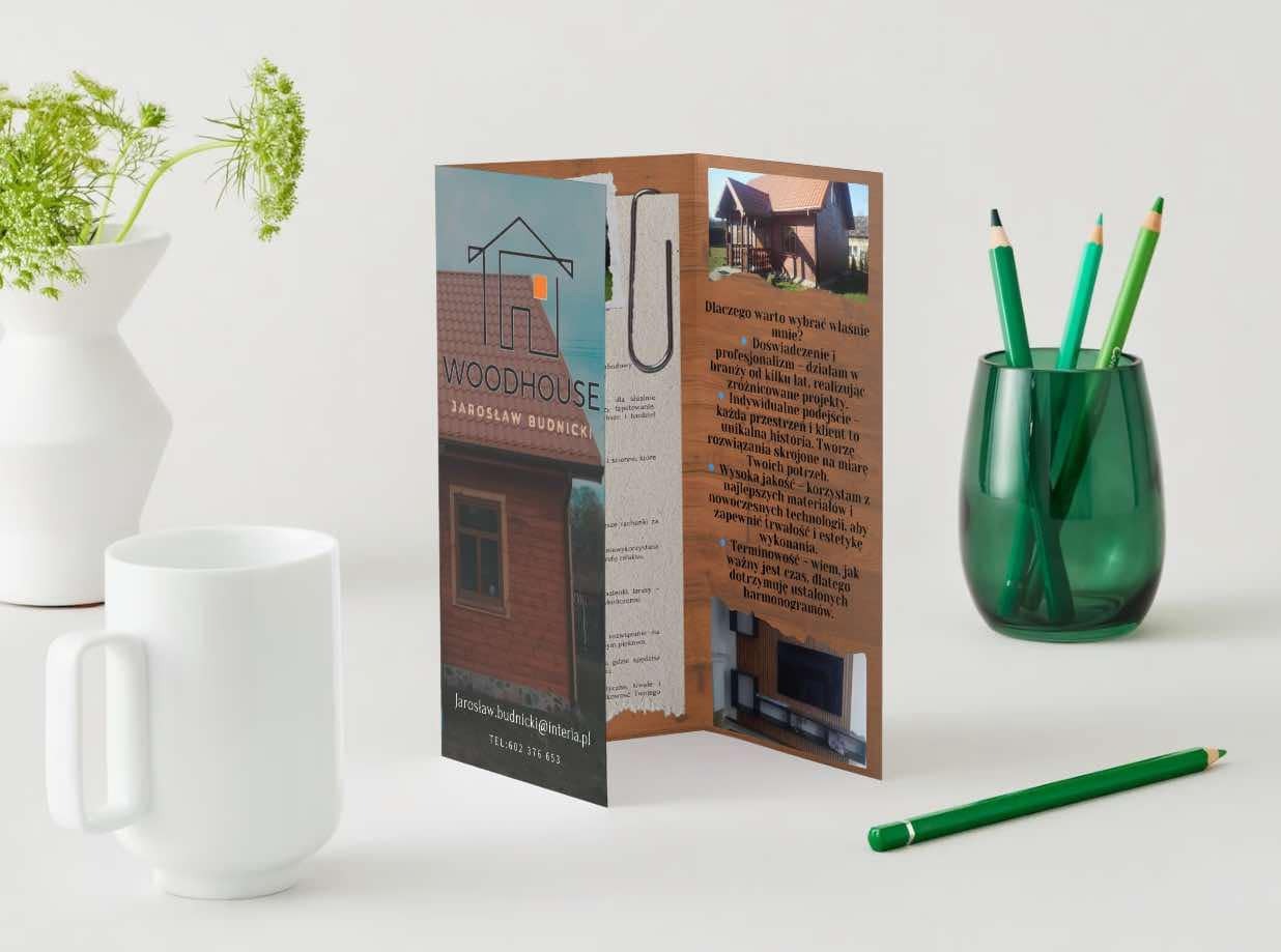 Trójdzielna ulotka reklamowa firmy budowlanej Woodhouse z wizualizacją drewnianego domu, ustawiona na białym stole obok białego kubka i zielonego wazonu z kredkami.