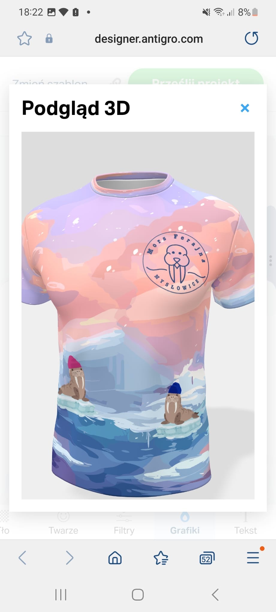 Koszulka z nadrukiem klubu Morsów z Mysłowic, przedstawiająca stylizowany krajobraz zimowy z fokami w czapkach i logo klubu.