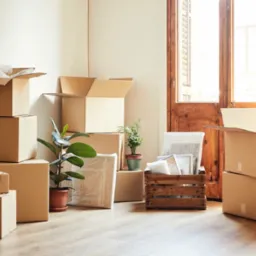 Kartonowe pudła, rośliny doniczkowe i drewniana skrzynka z zapakowanymi obrazami w jasnym wnętrzu podczas przygotowań do transportu.