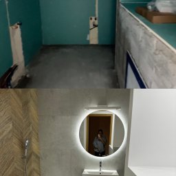 Royal Bud - Porównanie stanu surowego i wykończonej łazienki z wanną obudowaną drewnopodobną płytką, umywalką z szafką i okrągłym lustrem z podświetleniem LED.