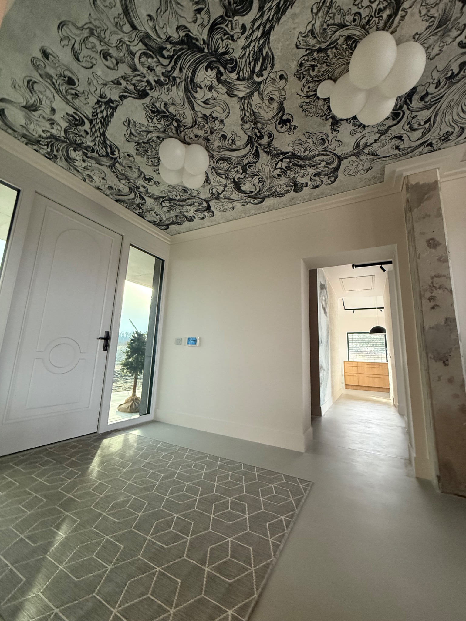 Wnętrze z dekoracyjnym malowaniem sufitu w stylu barokowym, nowoczesne oświetlenie punktowe, białe drzwi z przeszkleniem i szary dywan z geometrycznym wzorem.