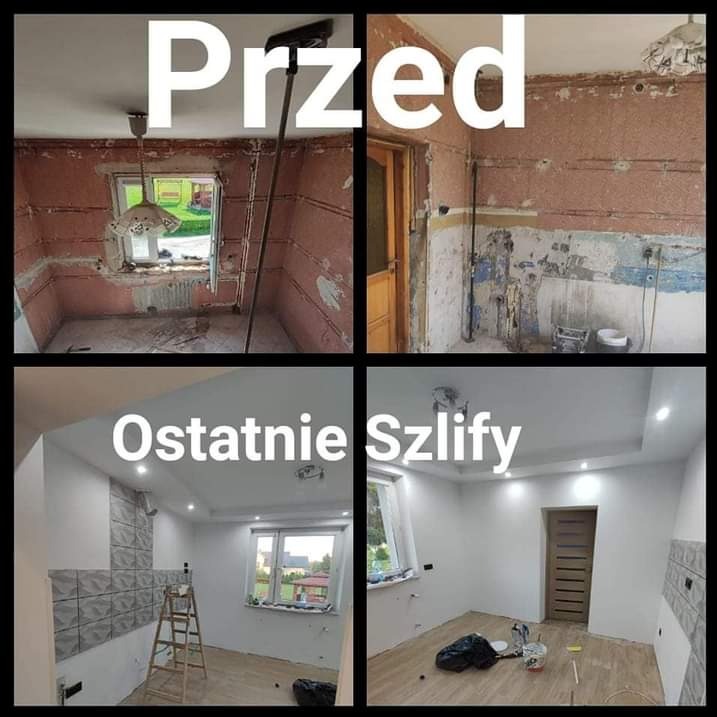 Kolaż przedstawiający pokój przed i po remoncie: surowe ściany z instalacjami kontra gładkie, białe ściany z oświetleniem punktowym i fragmentem dekoracyjnej ściany z płytek, widoczna drabina...