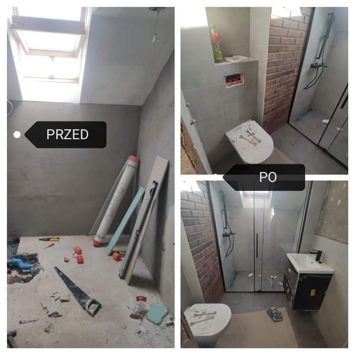 Porównanie 'przed' i 'po' remontu łazienki na poddaszu: surowy stan z oknem dachowym, narzędziami i materiałami budowlanymi kontra wykończona łazienka z kabiną prysznicową, toaletą, umywalką...