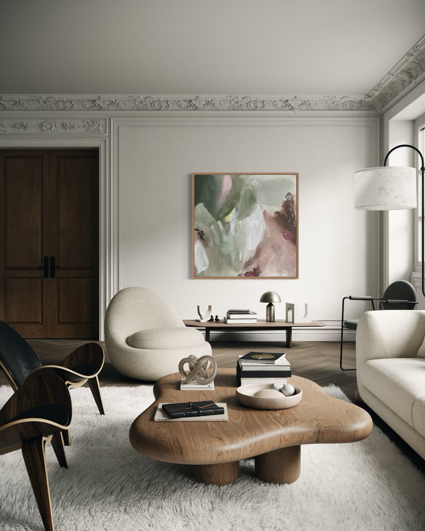 Neutral-toned living room interior featuring an abstract painting with green, white, and brown hues, complemented by modern furniture including a unique wooden coffee table, egg-shaped chair, and...