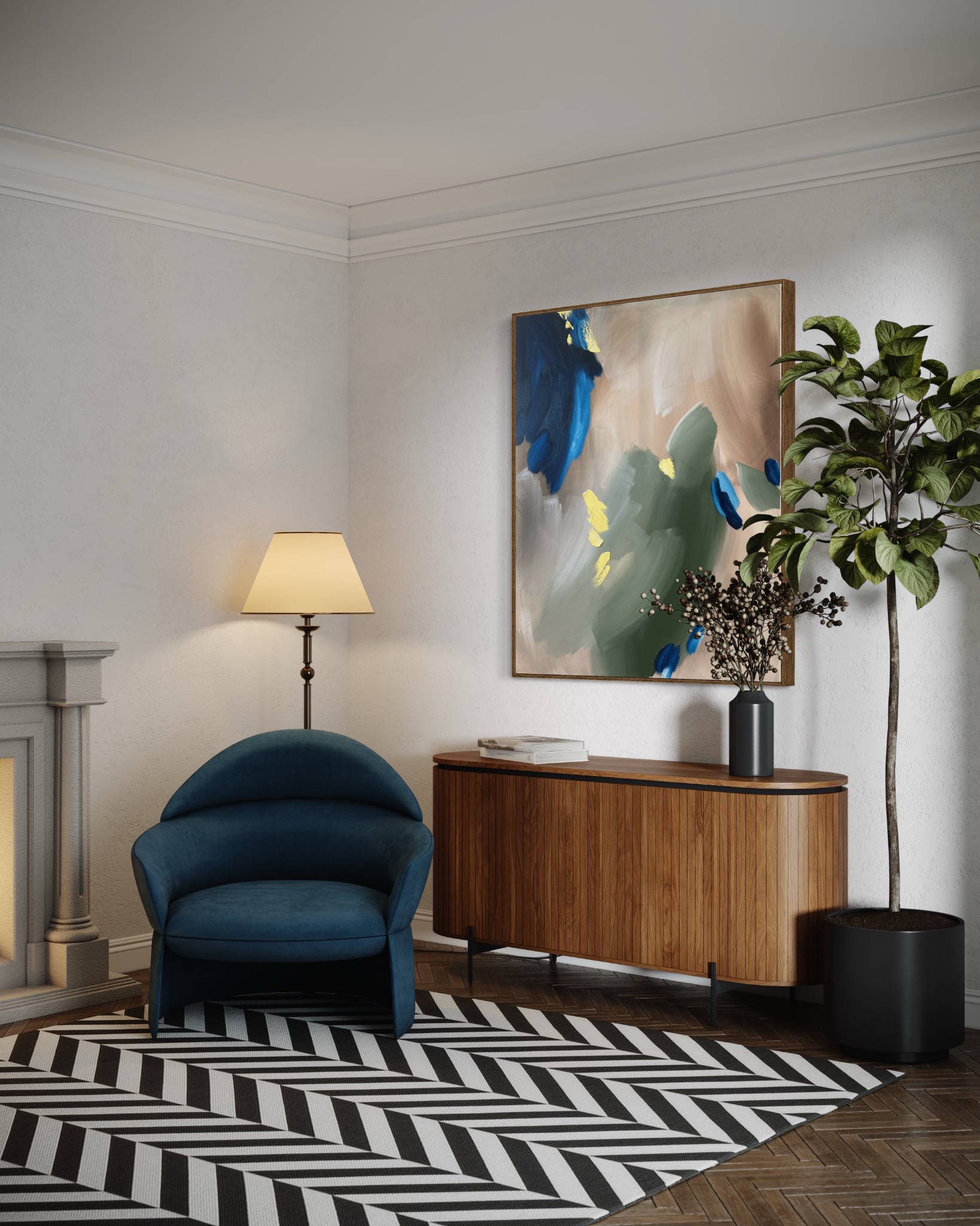 Wnętrze pokoju z abstrakcyjnym obrazem w złotej ramie nad drewnianą komodą, niebieski fotel, lampa podłogowa, dywan w zygzaki i roślina doniczkowa.