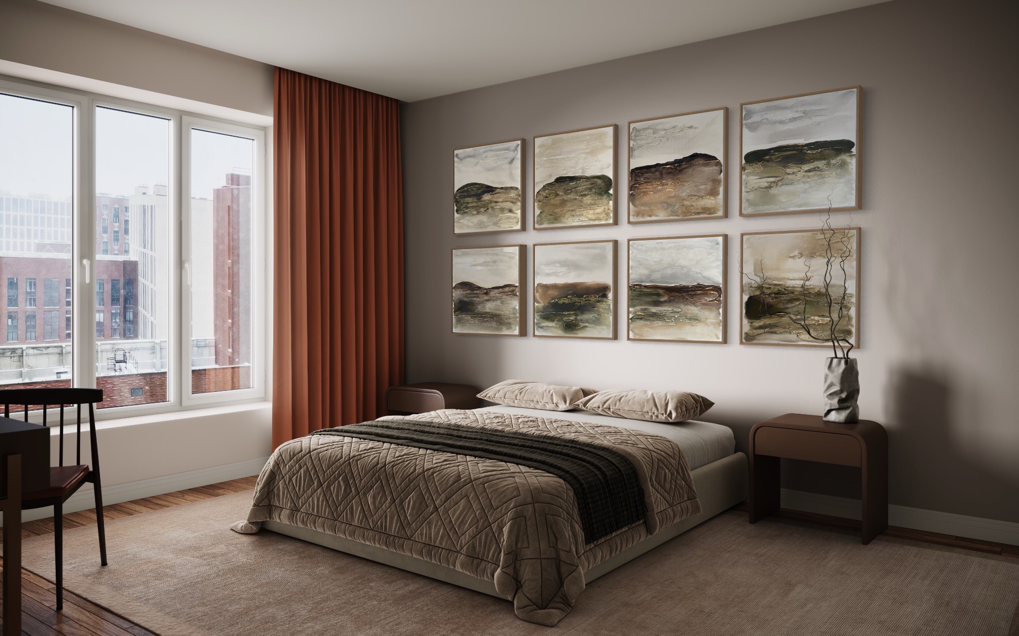 Sypialnia z łóżkiem w odcieniach beżu, nad nim galeria sześciu abstrakcyjnych obrazów w podobnej tonacji, widok na miasto za oknem.