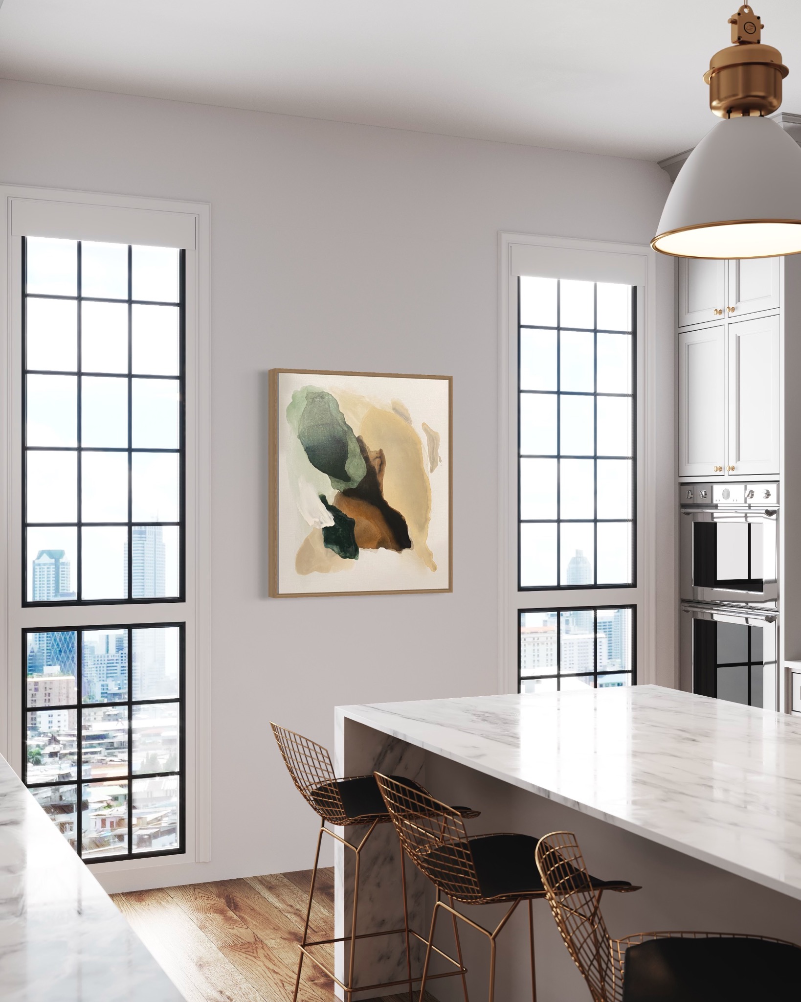 Abstrakcyjny obraz w ramie na ścianie w nowoczesnej kuchni z widokiem na miasto przez okna w stylu loftowym.