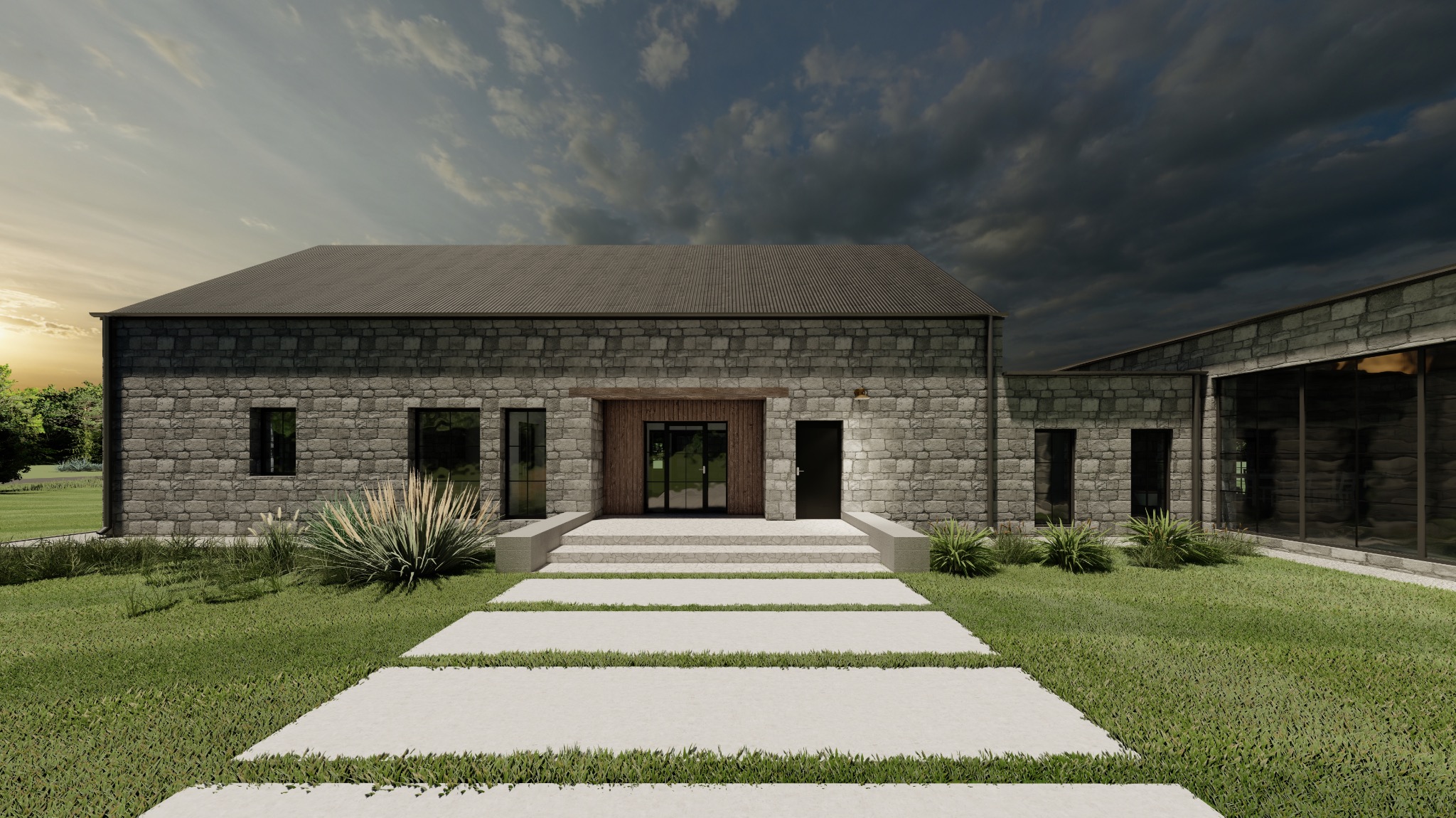 Wizualizacja kamiennego domu z płaskim dachem, drewnianym akcentem nad wejściem i ścieżką z jasnych płyt na trawniku.