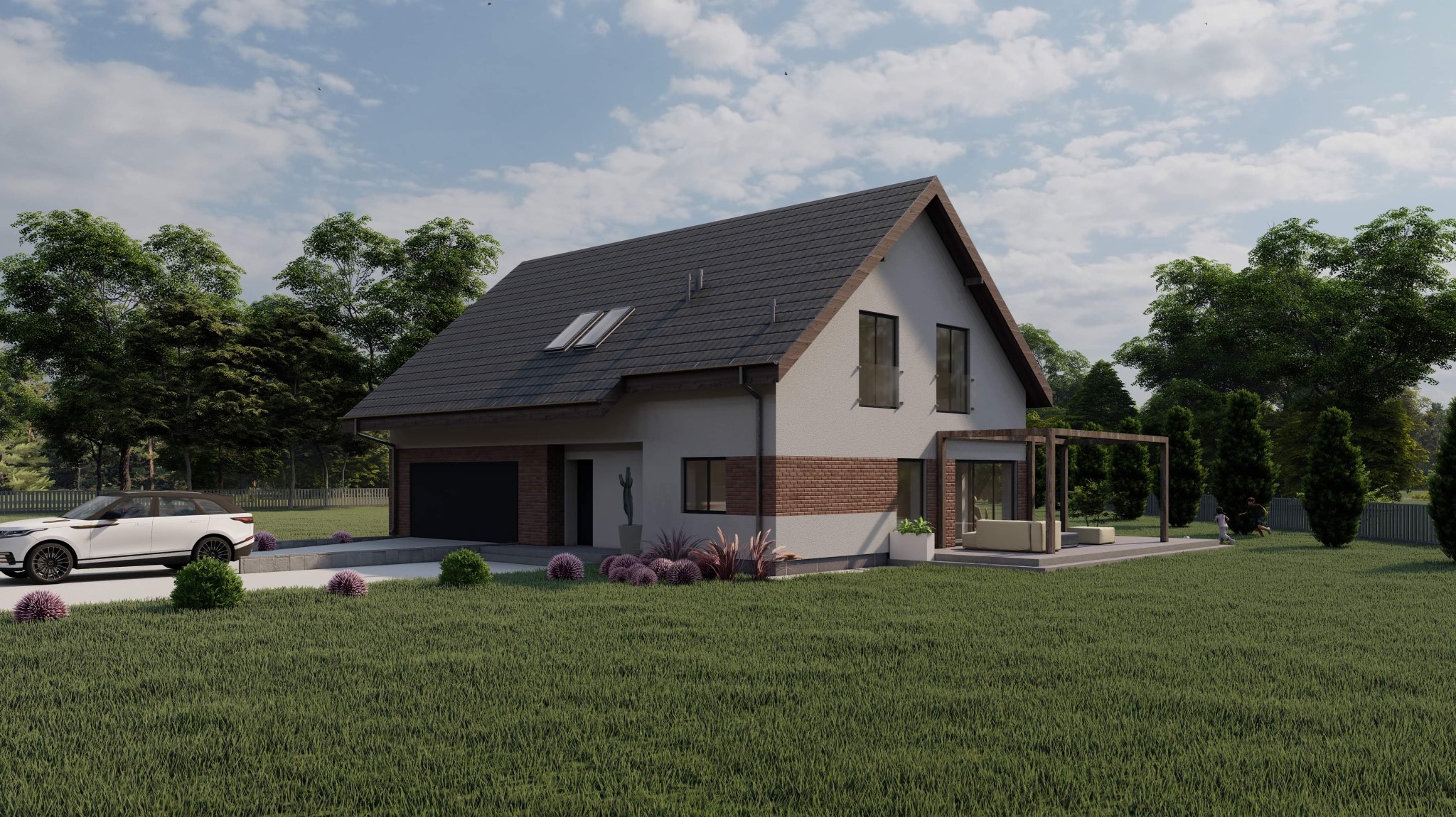 Wizualizacja domu jednorodzinnego z garażem, wykończonego cegłą klinkierową, z pergolą nad tarasem i samochodem na podjeździe.