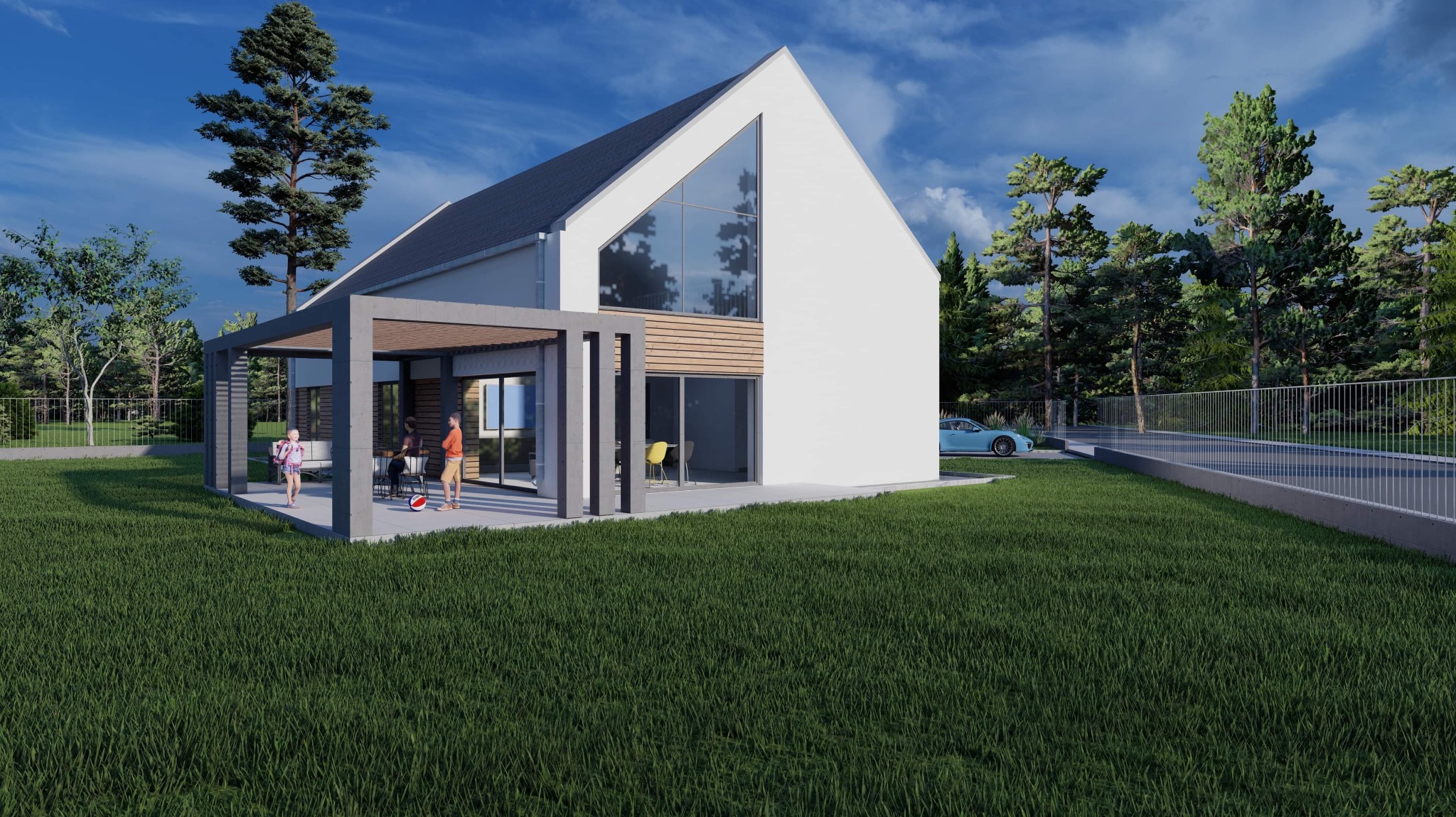 Wizualizacja nowoczesnego domu jednorodzinnego z dużymi przeszkleniami, tarasem z pergolą i rodziną na nim. W tle błękitny samochód i zieleń drzew.