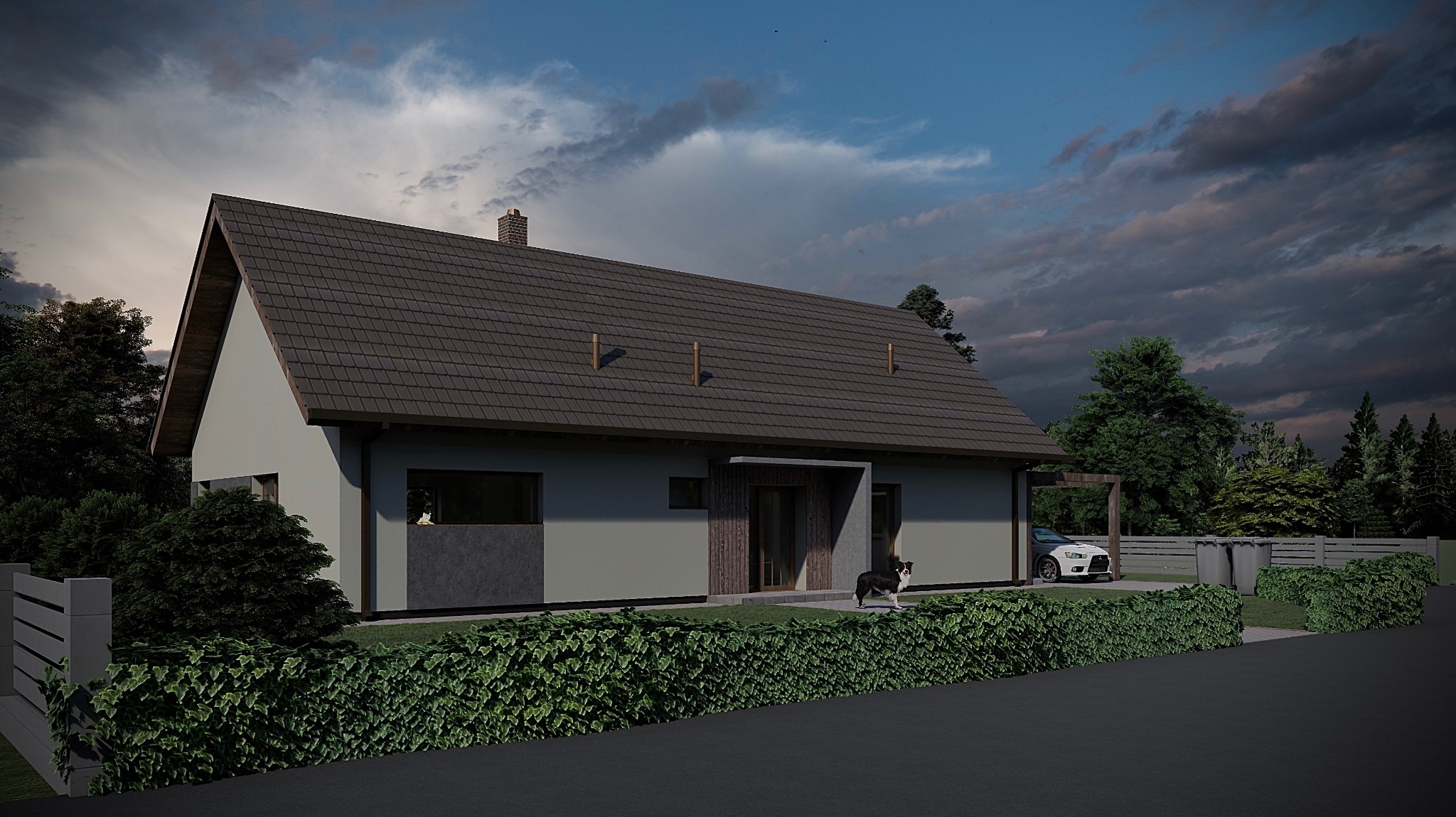 Wizualizacja domu jednorodzinnego z dwuspadowym dachem, z psem rasy border collie stojącym przed wejściem i samochodem zaparkowanym pod drewnianą pergolą w ogrodzie, na tle pochmurnego nieba.