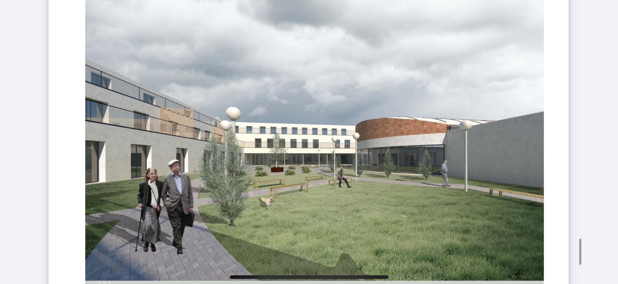 Wizualizacja projektu architektonicznego domu opieki z dziedzińcem, gdzie starsza para spaceruje po ścieżce, a w tle widać osoby siedzące na ławkach i biegającego psa.