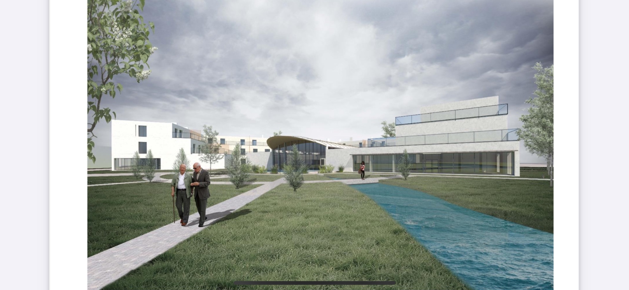 Wizualizacja budynku wielorodzinnego z zielonym terenem wokół, ścieżką spacerową i dwoma mężczyznami w średnim wieku.