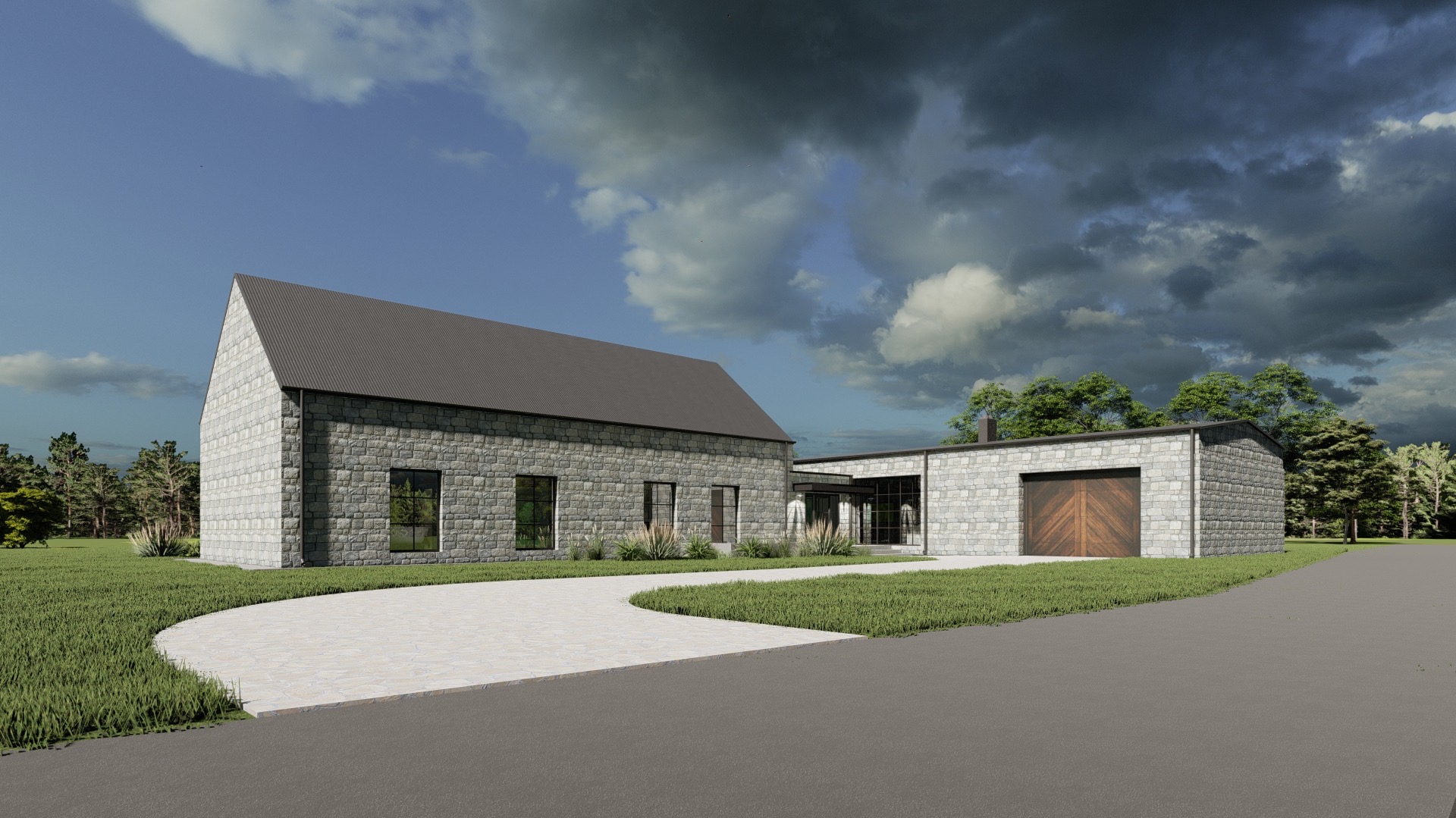 Wizualizacja domu jednorodzinnego z kamienną elewacją, szarym dachem i brukowanym podjazdem, otoczonego zielenią, pod pochmurnym niebem.