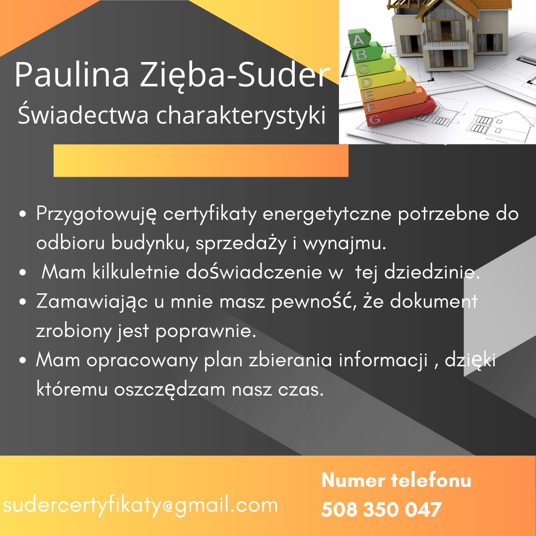 Grafika reklamowa z imieniem i nazwiskiem osoby oferującej świadectwa charakterystyki energetycznej, obok wizualizacja domu i wykres efektywności energetycznej