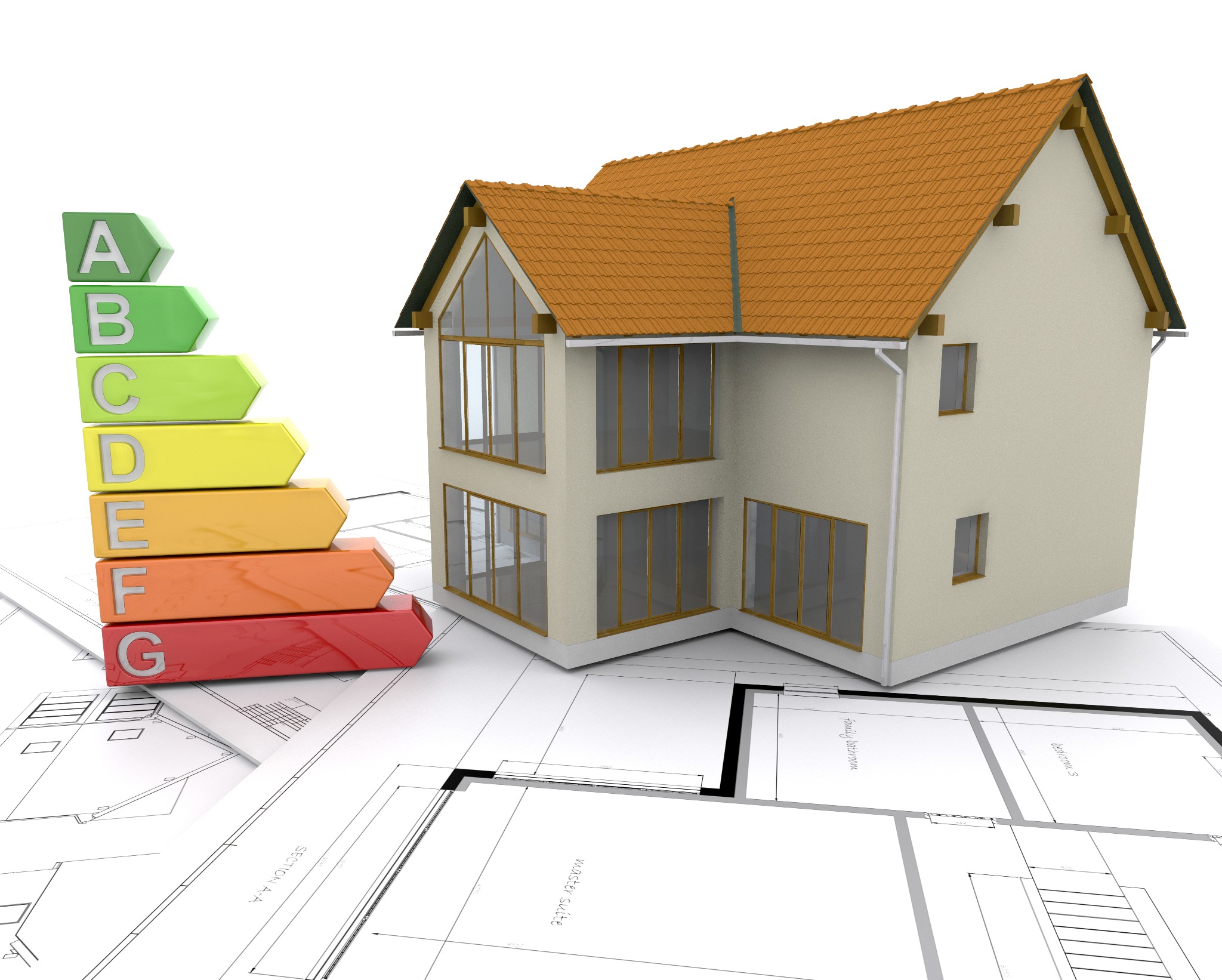 Wizualizacja 3D domu jednorodzinnego z brązowym dachem na planie architektonicznym, obok skala efektywności energetycznej A-G.