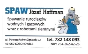 Reklama firmy Spaw Józef Hoffman oferującej spawanie rurociągów wodnych i gazowych wraz z robotami ziemnymi, zawierająca dane kontaktowe i adres