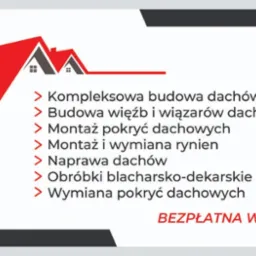 Grafika reklamowa dekarza: czerwony dach, budowa więźby, montaż pokryć, montaż rynien, naprawa dachów, obróbki blacharskie, wymiana pokryć dachowych, bezpłatna wycena.