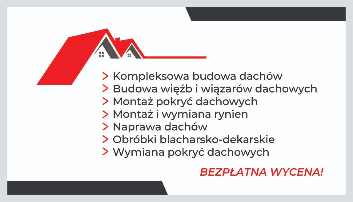 Grafika reklamowa dekarza: czerwony dach, budowa więźby, montaż pokryć, montaż rynien, naprawa dachów, obróbki blacharskie, wymiana pokryć dachowych, bezpłatna wycena.