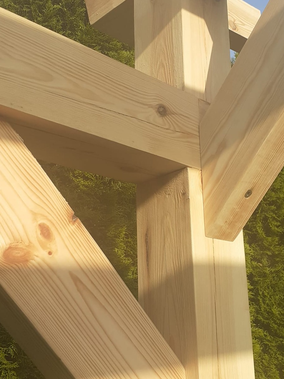 Fragment drewnianej konstrukcji domu w surowym stanie, widoczne połączenia belek i słupów, tło z zieleni.