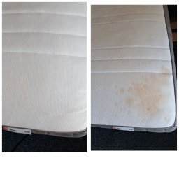 ... - Materac HÖVAG: porównanie stanu przed i po usunięciu plam, widoczne różnice w czystości tkaniny.