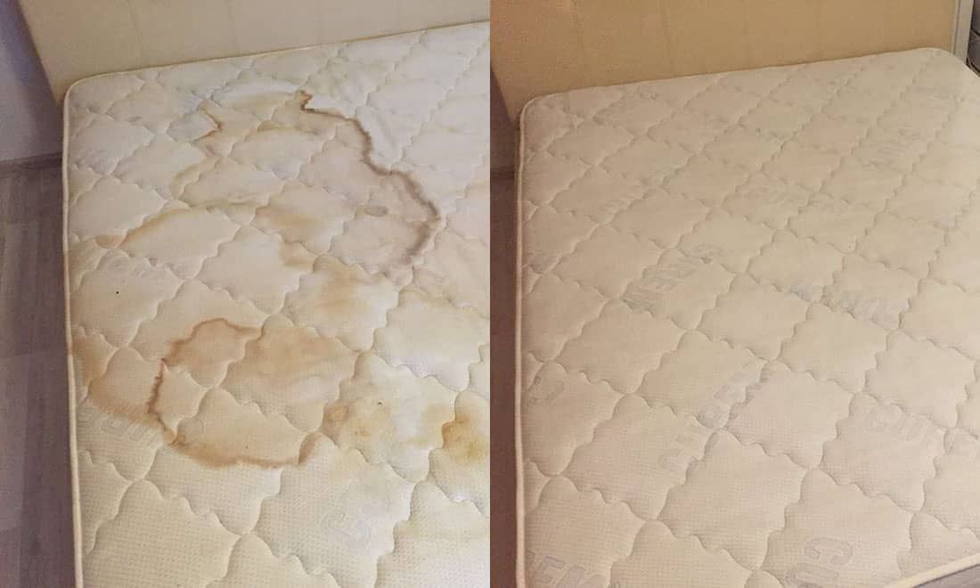 Materac z widocznymi plamami przed i po czyszczeniu, ukazujący efektywność usługi prania materacy.