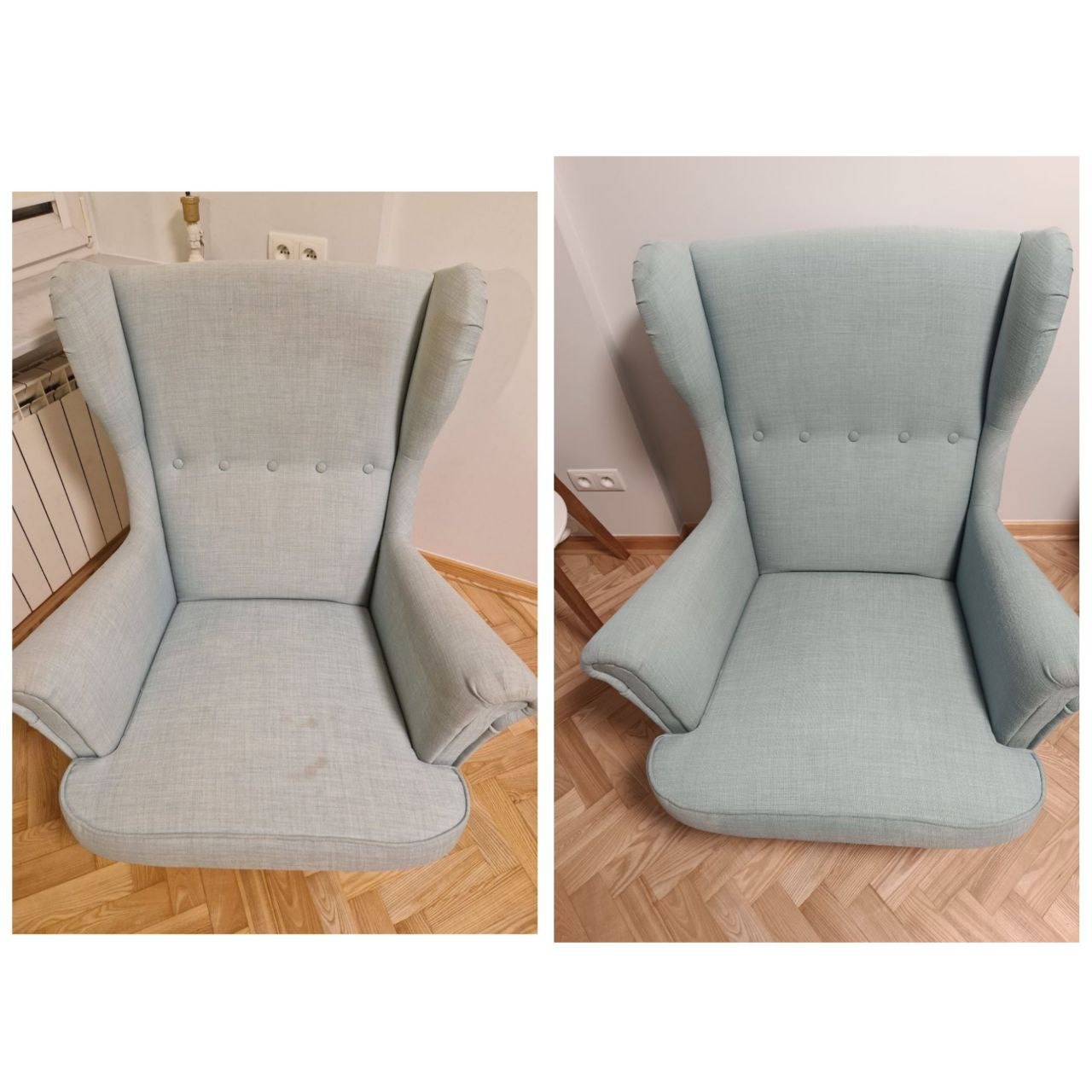 Porównanie fotela typu uszak przed i po czyszczeniu: po lewej widoczne plamy na siedzisku, po prawej fotel po usunięciu zabrudzeń.