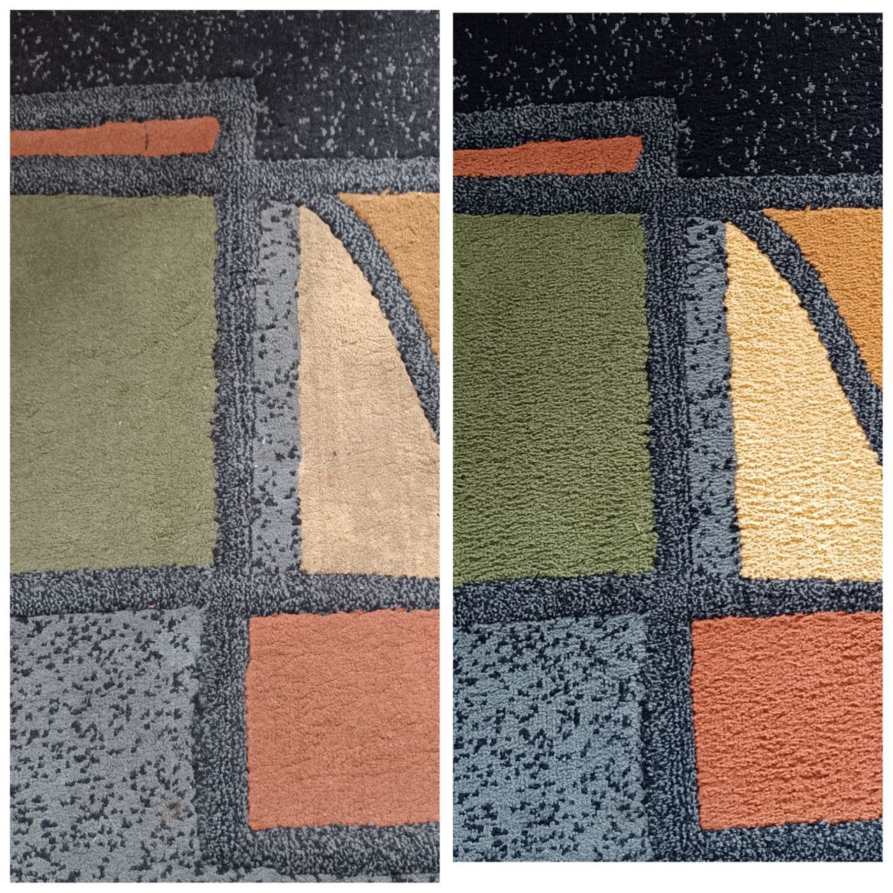 Porównanie fragmentu dywanu przed i po czyszczeniu, ukazujące różnicę w kolorze i strukturze włókien, z widocznymi geometrycznymi wzorami w odcieniach zieleni, beżu, pomarańczy i szarości.