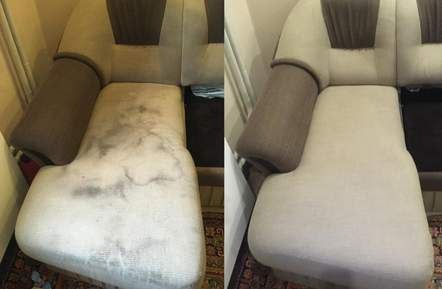 Sofa narożna: porównanie siedziska przed i po czyszczeniu, widoczne wyraźne różnice w kolorze i usunięciu zabrudzeń.