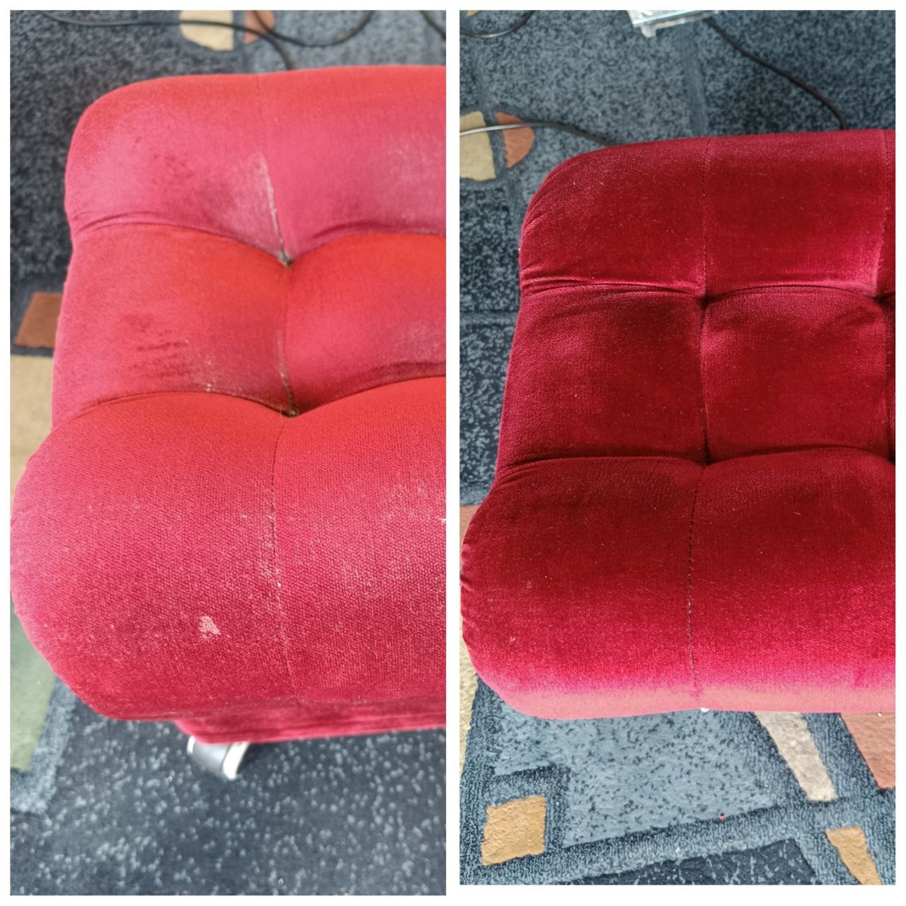Porównanie fotela z czerwonej tapicerki przed i po czyszczeniu, widoczne wyraźne różnice w czystości i odświeżeniu koloru.