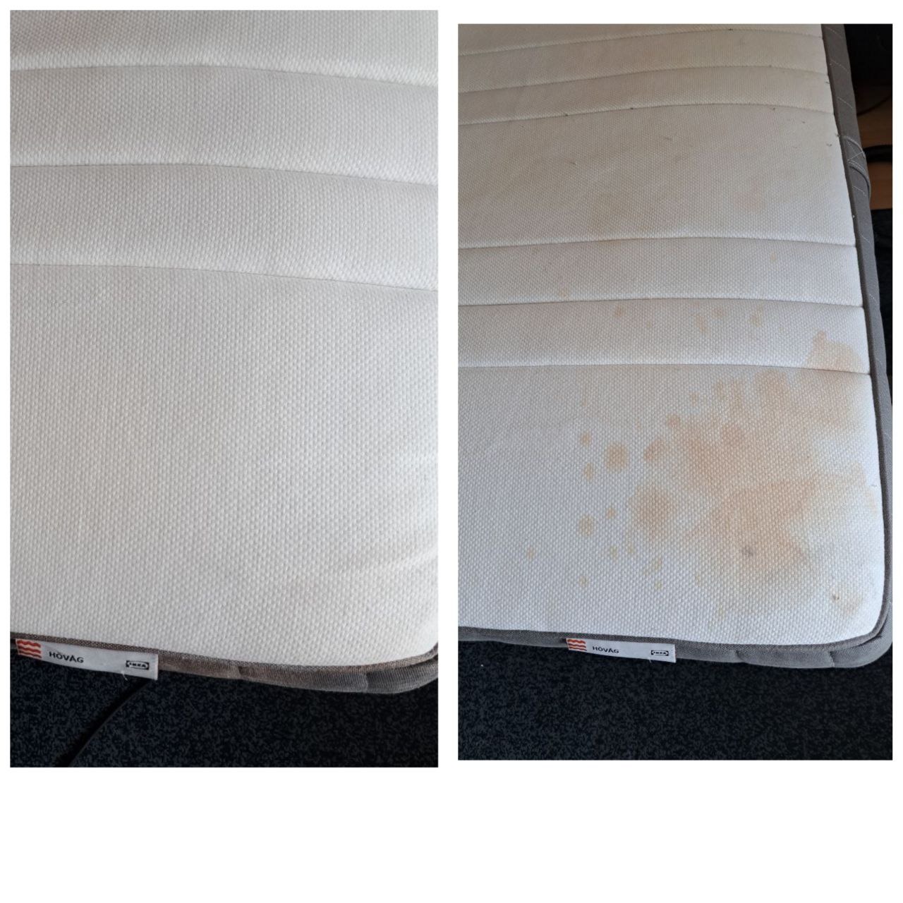 Materac HÖVAG: porównanie stanu przed i po usunięciu plam, widoczne różnice w czystości tkaniny.