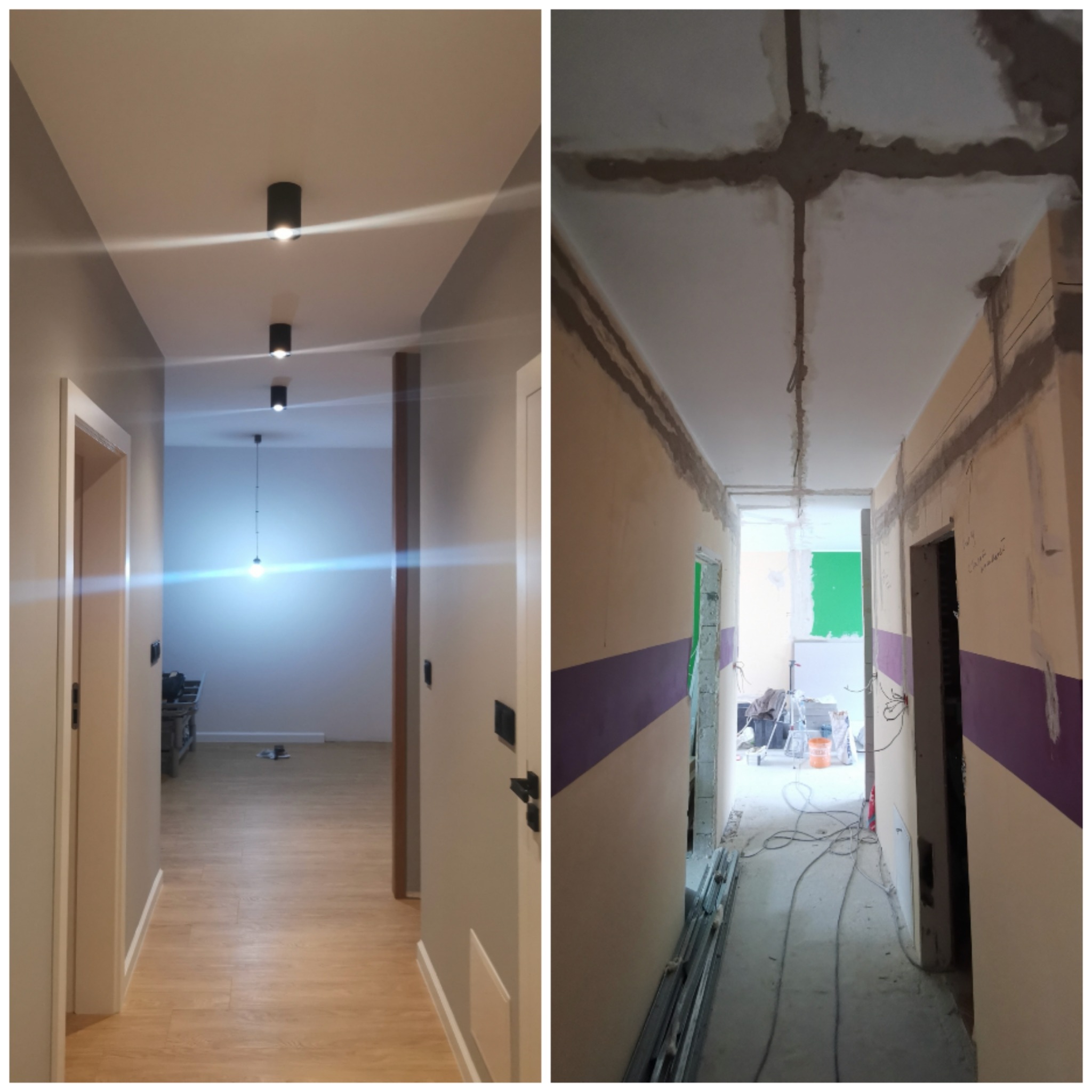 Korytarz w trakcie prac w Warszawie: po lewej wykończony z panelami, oświetleniem i pomalowanymi ścianami, po prawej w trakcie przygotowania do gładzi, widoczne kable i profile.