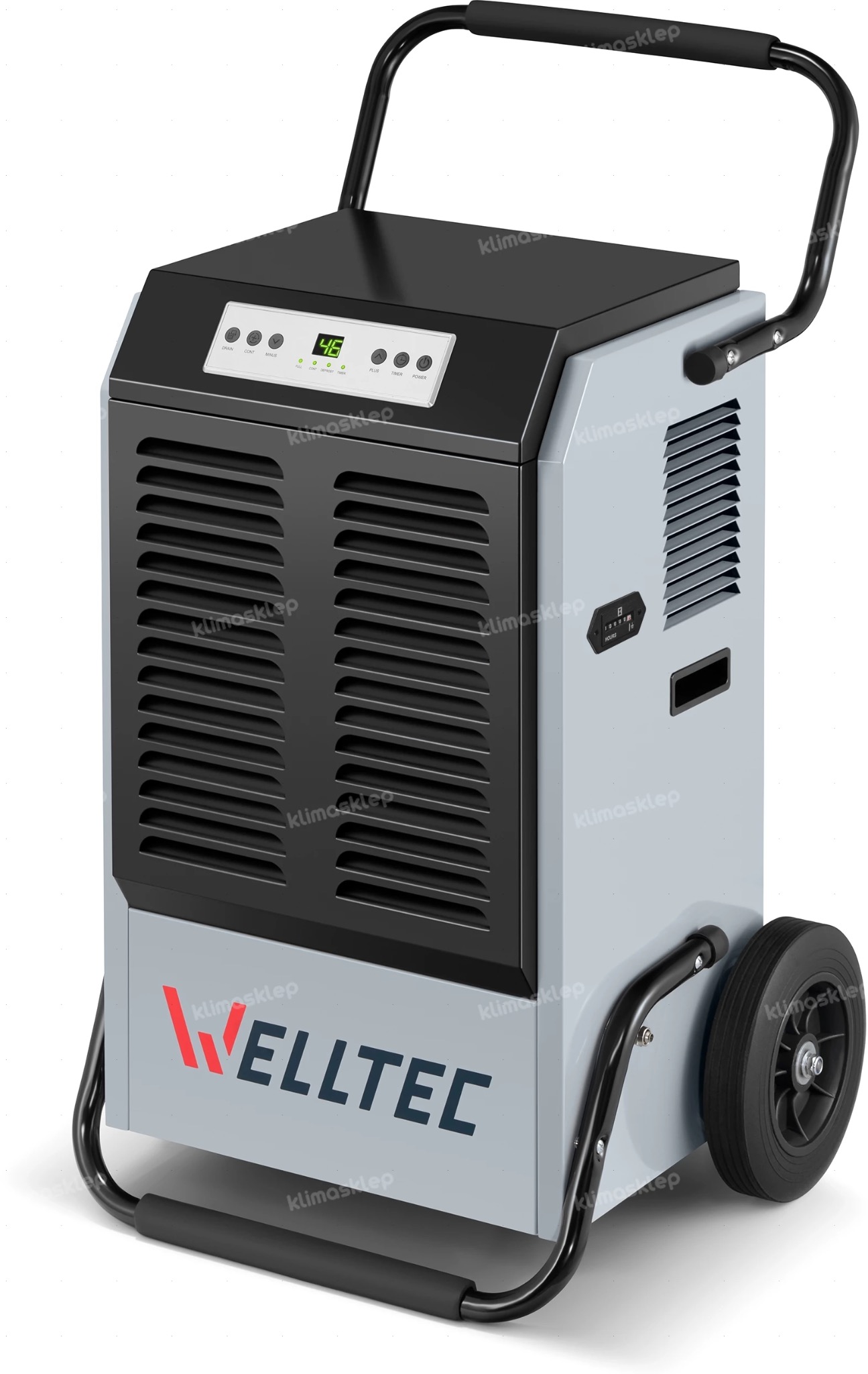 Profesjonalny osuszacz powietrza Welltec na kółkach, z cyfrowym wyświetlaczem i ergonomicznym uchwytem, idealny do zastosowań budowlanych i remontowych.
