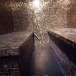 Wnętrze sauny wykończone drobną, złotą mozaiką, prezentujące dwa poziome siedziska z odpływem wody, oświetlone górnym światłem.