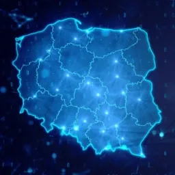 Cyfrowa mapa Polski z zaznaczonymi punktami połączeń sieciowych, w odcieniach niebieskiego, sugerująca usługi IT w Sztumie i okolicach.