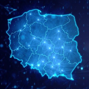 Cyfrowa mapa Polski z zaznaczonymi punktami połączeń sieciowych, w odcieniach niebieskiego, sugerująca usługi IT w Sztumie i okolicach.